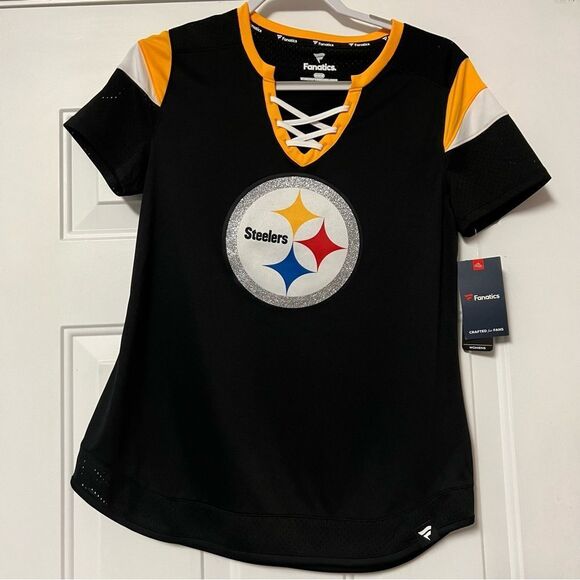 Steelers NFL Womens Black Yellow Neck Lace Up Short Sleeve Football Top M - Picture 1 of 10